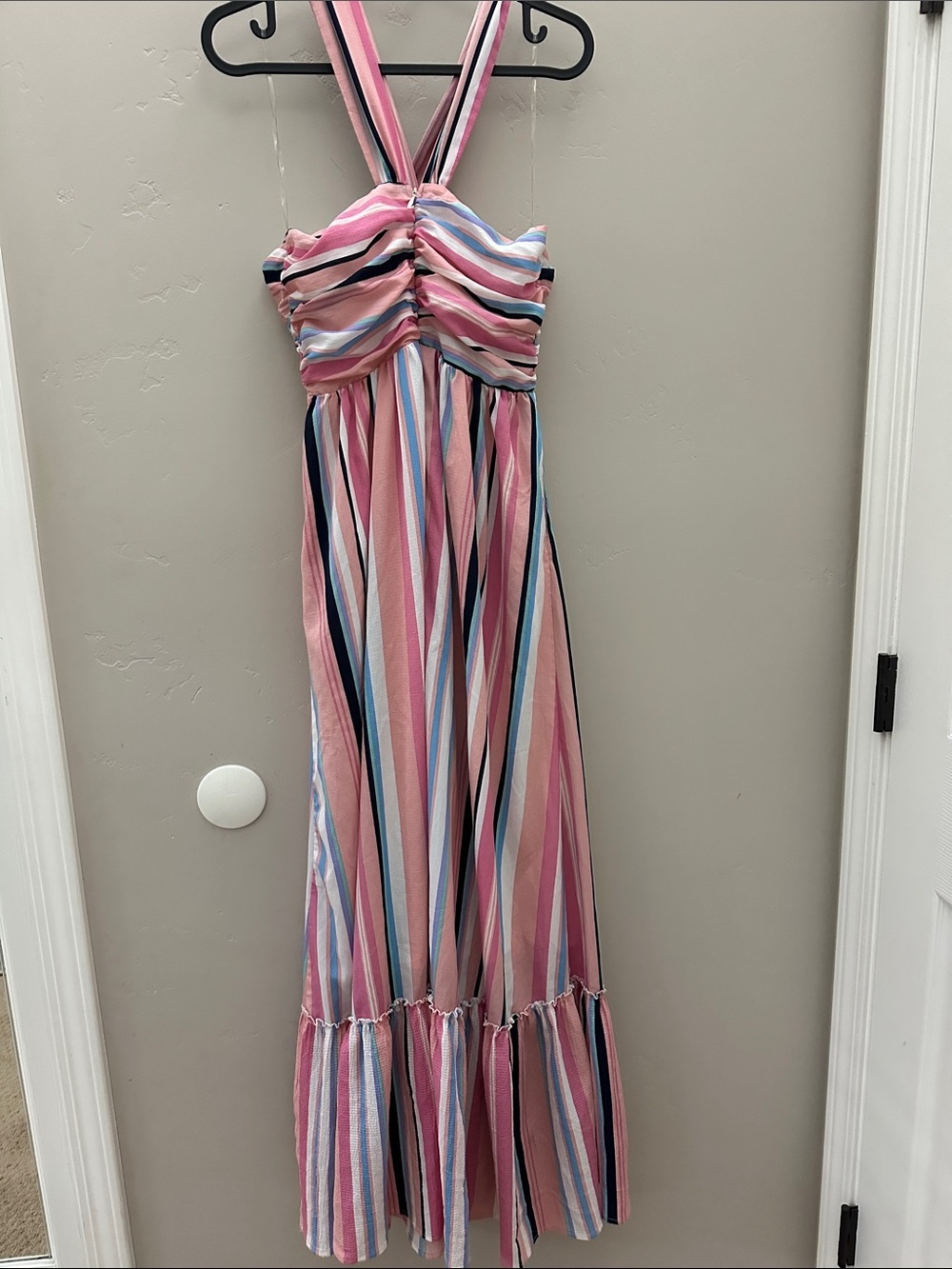 Listicle Pastel Striped Halter Dress with Navy Accent - Picture 3 of 5
